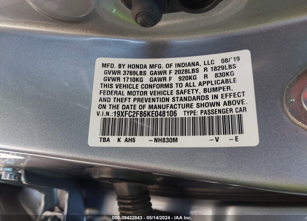 2019 HONDA CIVIC SPORT VIN: 19XFC2F86KE048106