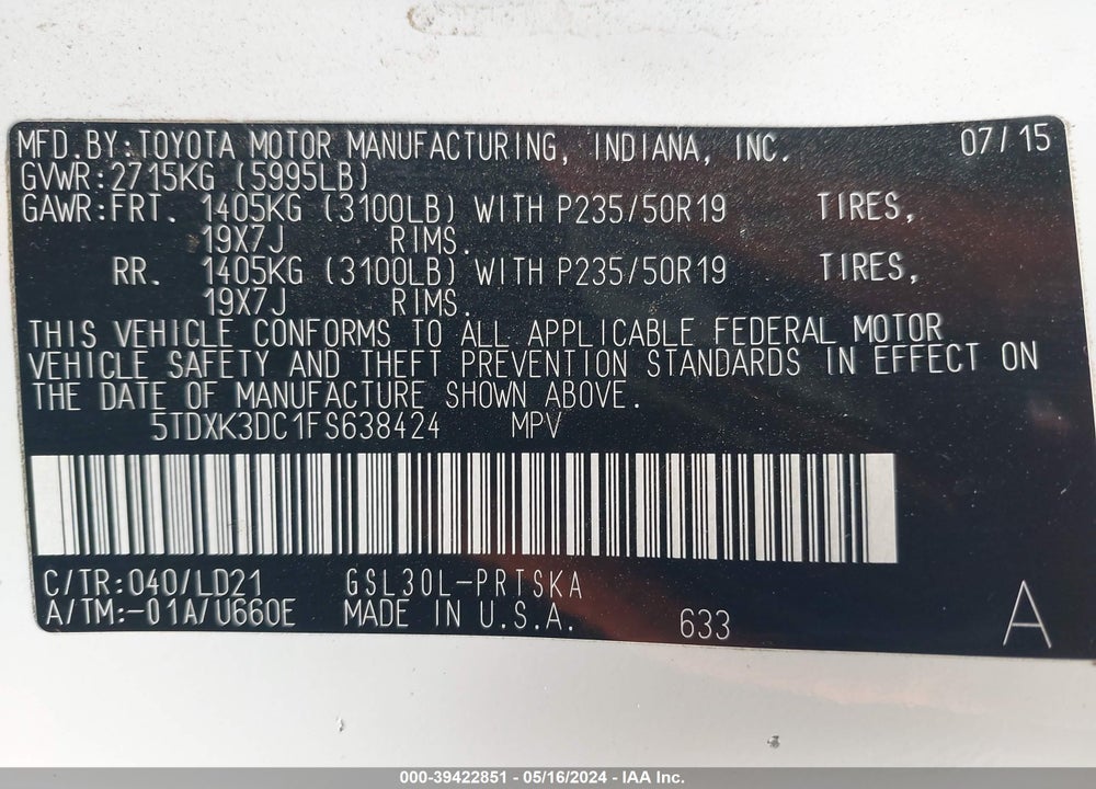 2015 TOYOTA SIENNA SE 8 PASSENGER VIN: 5TDXK3DC1FS638424