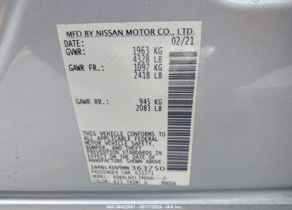 2021 NISSAN ALTIMA SV FWD VIN: 1N4BL4DV9MN363750