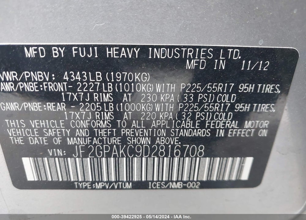 2013 SUBARU XV CROSSTREK 2.0I LIMITED VIN: JF2GPAKC9D2816708