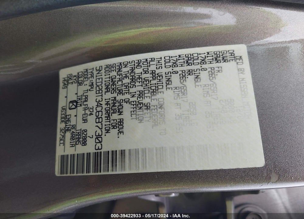 2004 NISSAN XTERRA SE VIN: 5N1ED28T34C687303