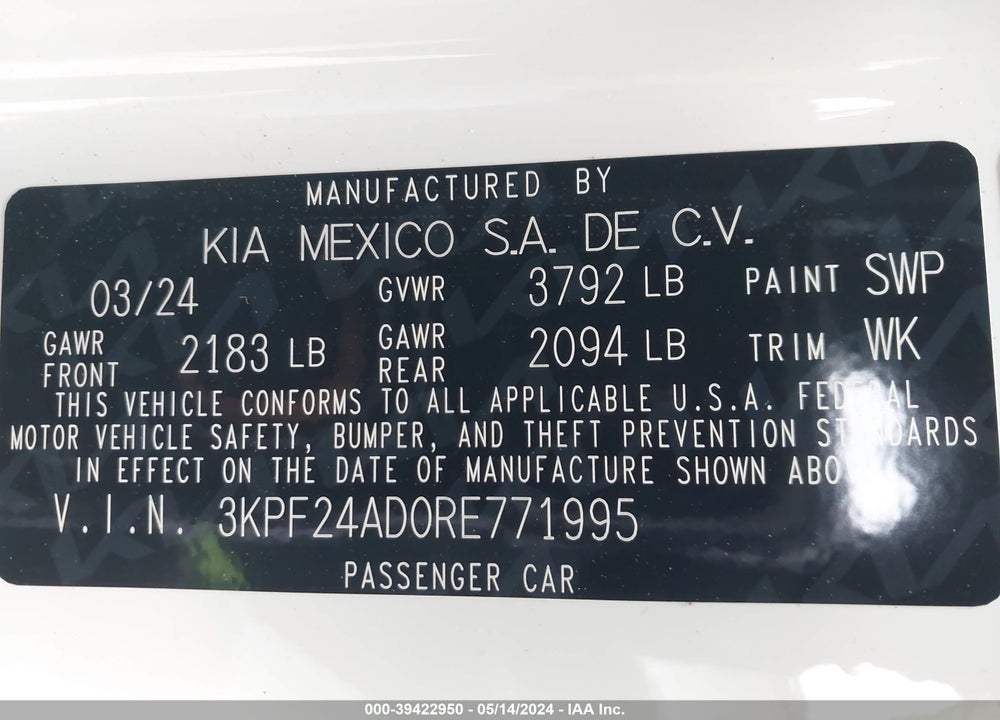 2024 KIA FORTE LXS VIN: 3KPF24AD0RE771995