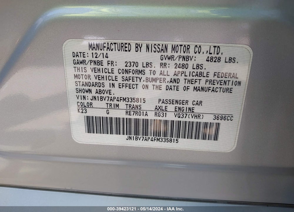 2015 INFINITI Q50 PREMIUM VIN: JN1BV7AP4FM335815