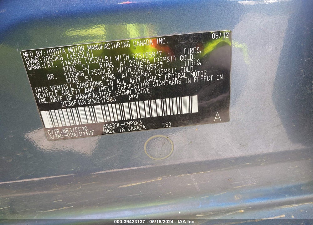 2012 TOYOTA RAV4 VIN: 2T3BF4DV3CW217983