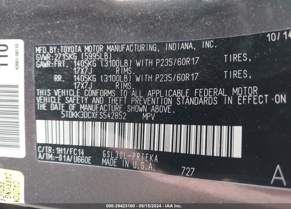 2015 TOYOTA SIENNA LE 8 PASSENGER VIN: 5TDKK3DCXFS542852
