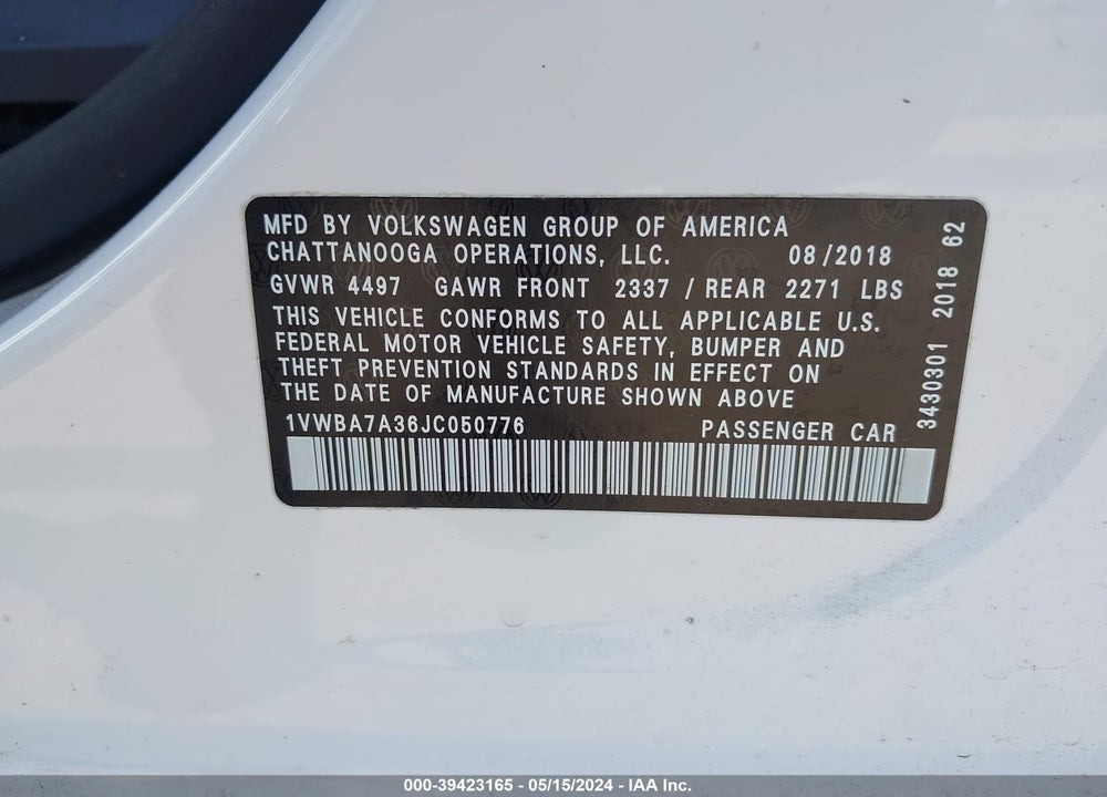2018 VOLKSWAGEN PASSAT 2.0T SE VIN: 1VWBA7A36JC050776