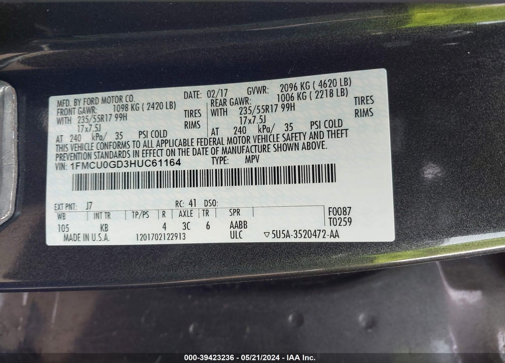 2017 FORD ESCAPE SE VIN: 1FMCU0GD3HUC61164