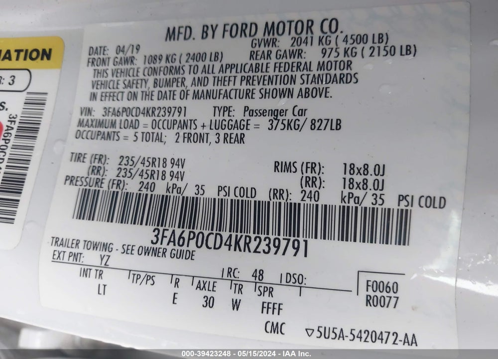 2019 FORD FUSION SEL VIN: 3FA6P0CD4KR239791