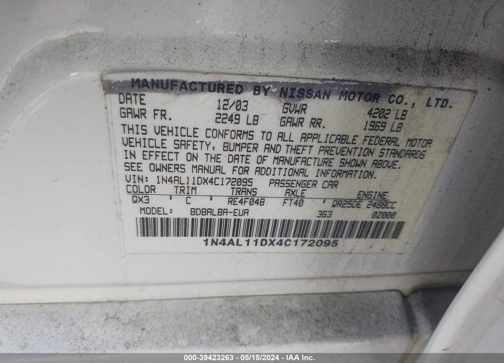 2004 NISSAN ALTIMA 2.5 SL VIN: 1N4AL11DX4C172095