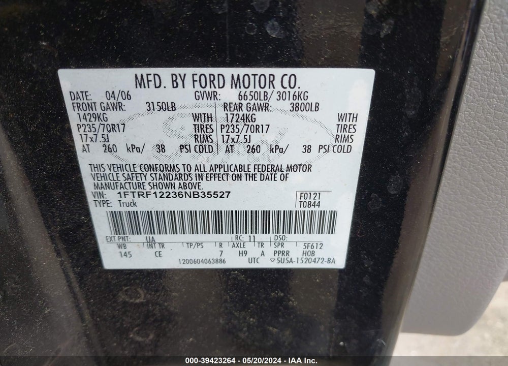 2006 FORD F-150 STX/XL/XLT VIN: 1FTRF12236NB35527