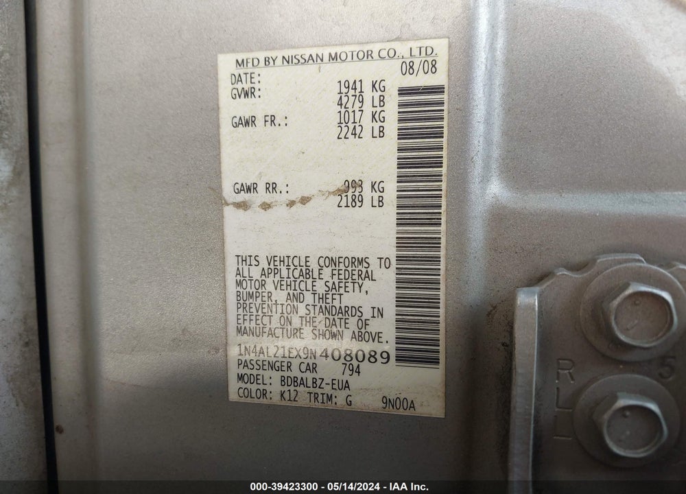 2009 NISSAN ALTIMA 2.5 S VIN: 1N4AL21EX9N408089