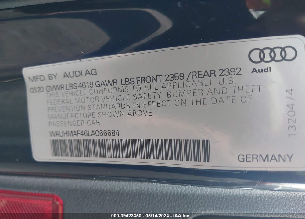 2020 AUDI A4 PREMIUM PLUS 40 TFSI FRONT-WHEEL DRIVE S TRONIC VIN: WAUHMAF46LA066684