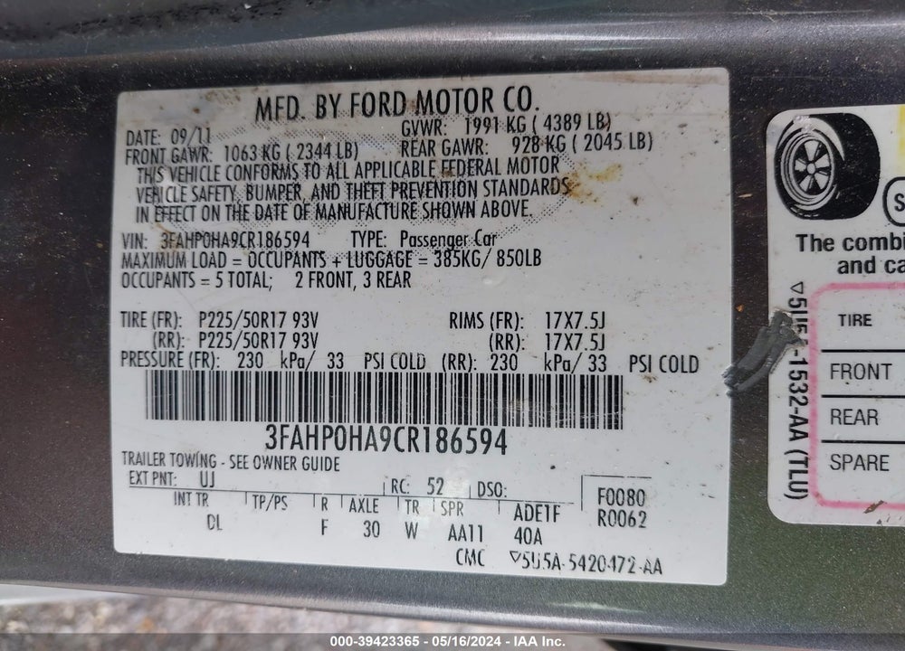 2012 FORD FUSION VIN: 3FAHP0HA9CR186594