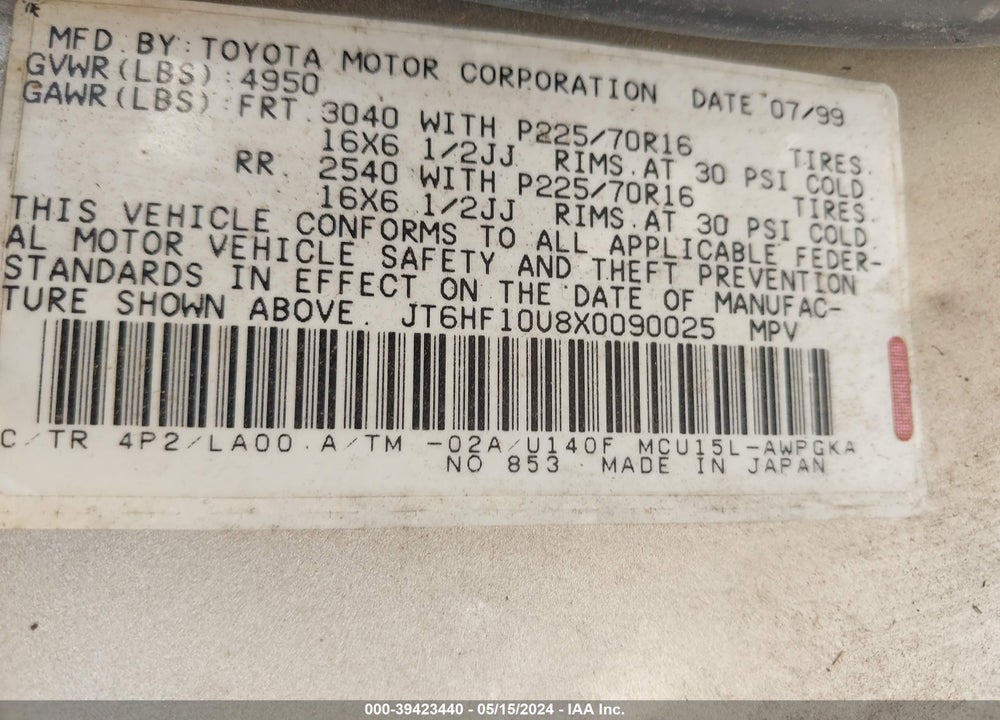 1999 LEXUS RX 300 VIN: JT6HF10U8X0090025