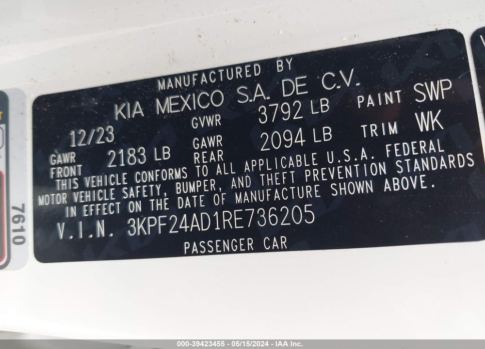 2024 KIA FORTE LXS VIN: 3KPF24AD1RE736205