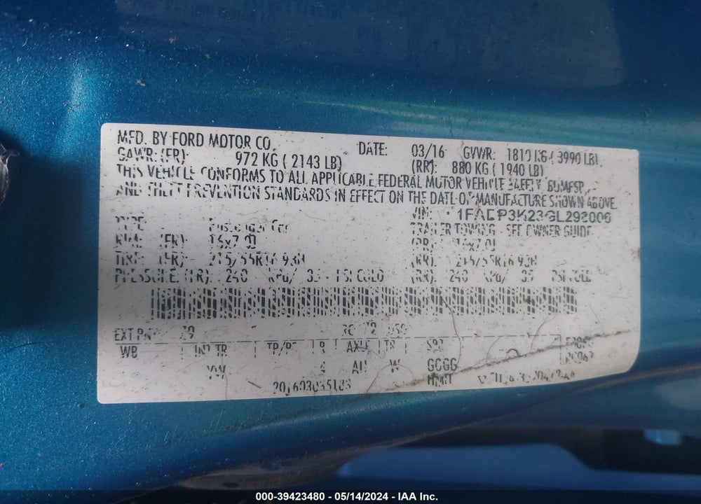 2016 FORD FOCUS VIN: 1FADP3K23GL298006