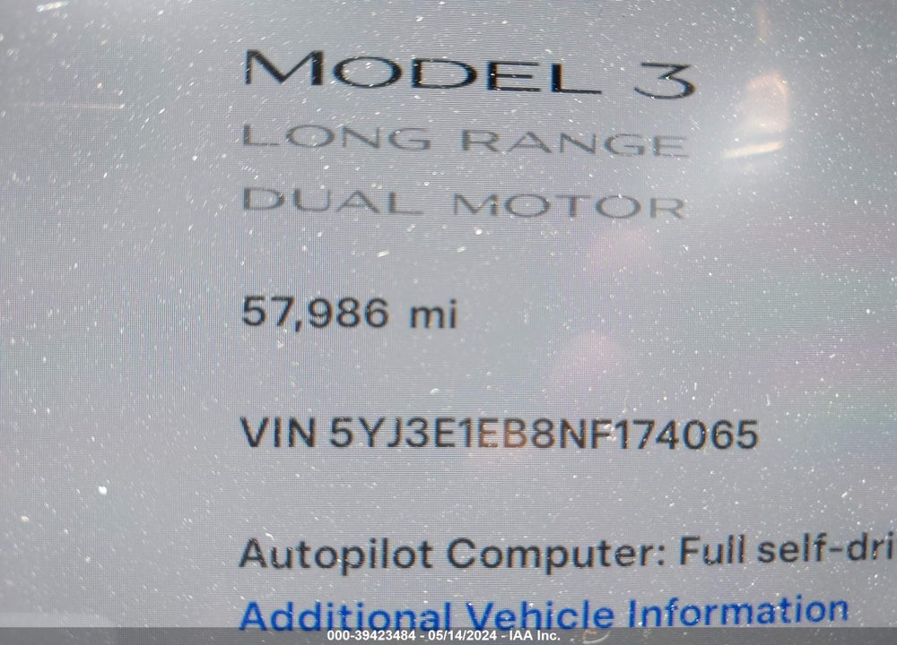 2022 TESLA MODEL 3 LONG RANGE DUAL MOTOR ALL-WHEEL DRIVE VIN: 5YJ3E1EB8NF174065