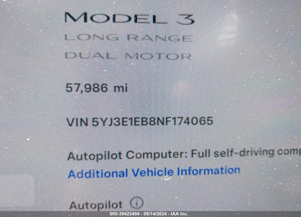 2022 TESLA MODEL 3 LONG RANGE DUAL MOTOR ALL-WHEEL DRIVE VIN: 5YJ3E1EB8NF174065