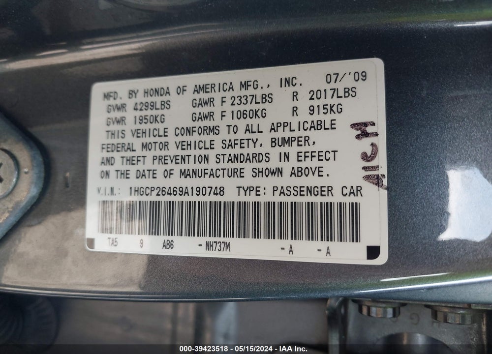 2009 HONDA ACCORD 2.4 LX-P VIN: 1HGCP26469A190748