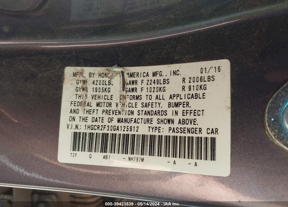2016 HONDA ACCORD LX VIN: 1HGCR2F30GA125912