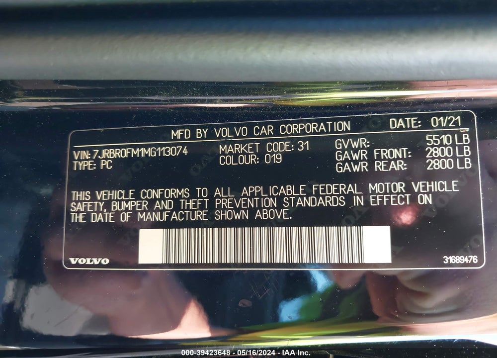 2021 VOLVO S60 RECHARGE PLUG-IN HYBRID T8 R-DESIGN VIN: 7JRBR0FM1MG113074