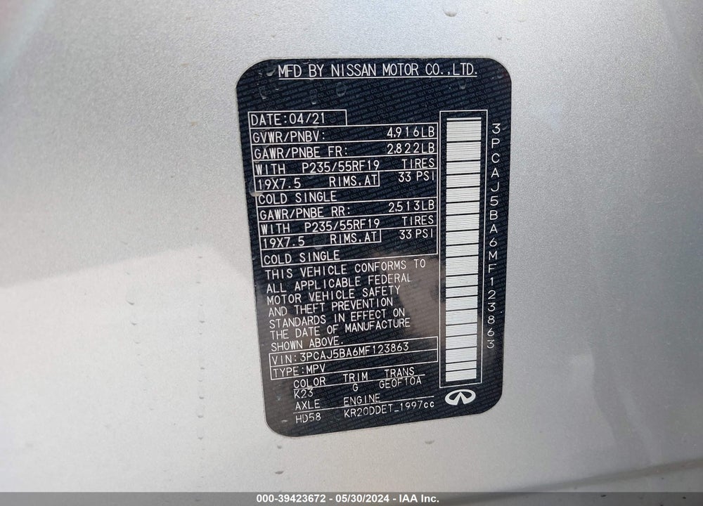 2021 INFINITI QX50 LUXE VIN: 3PCAJ5BA6MF123863