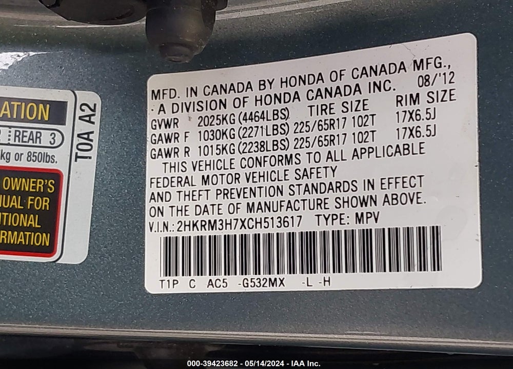2012 HONDA CR-V EX-L VIN: 2HKRM3H7XCH513617