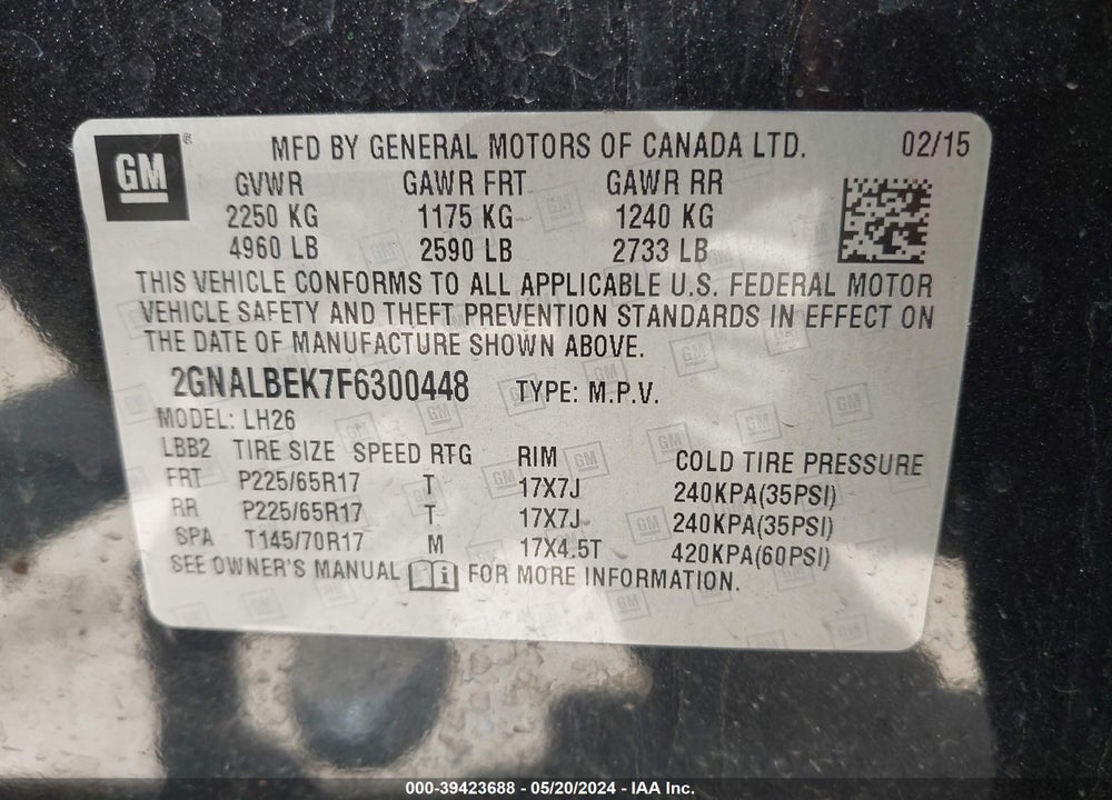 2015 CHEVROLET EQUINOX 1LT VIN: 2GNALBEK7F6300448