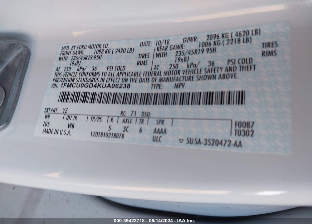 2019 FORD ESCAPE VIN: 1FMCU0GD4KUA06238