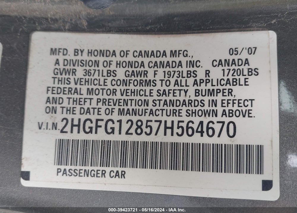 2007 HONDA CIVIC EX VIN: 2HGFG12857H564670
