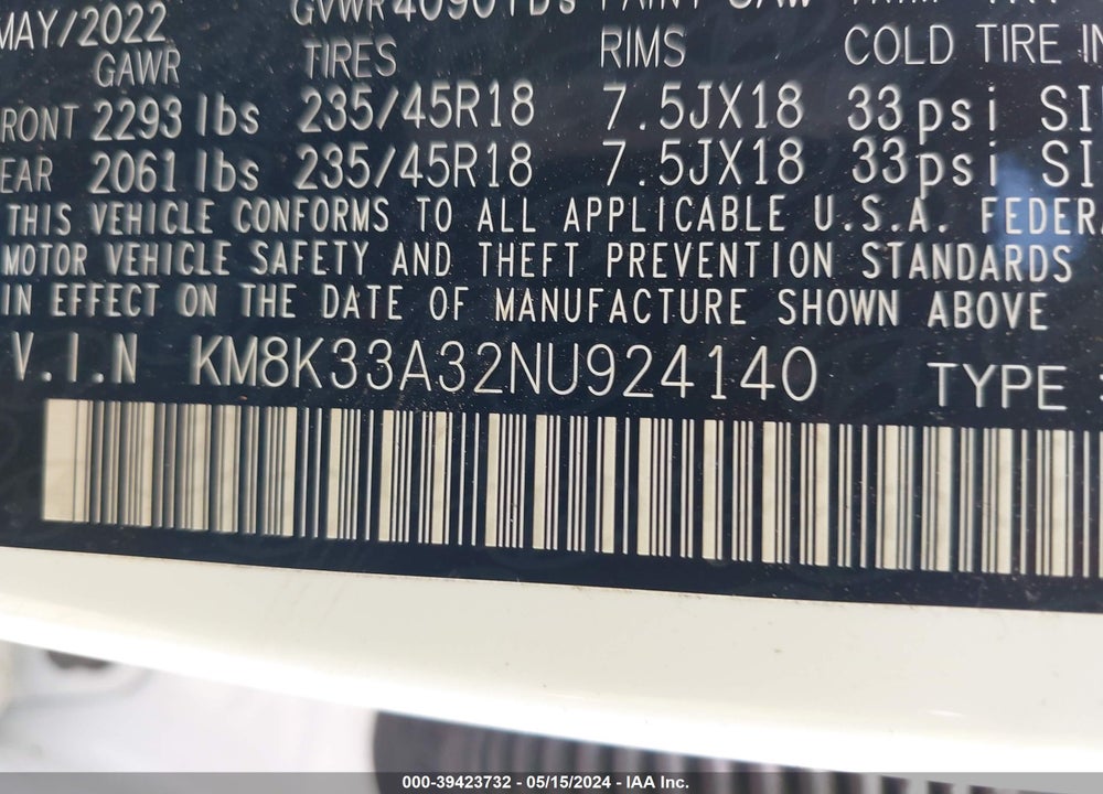 2022 HYUNDAI KONA VIN: KM8K33A32NU924140