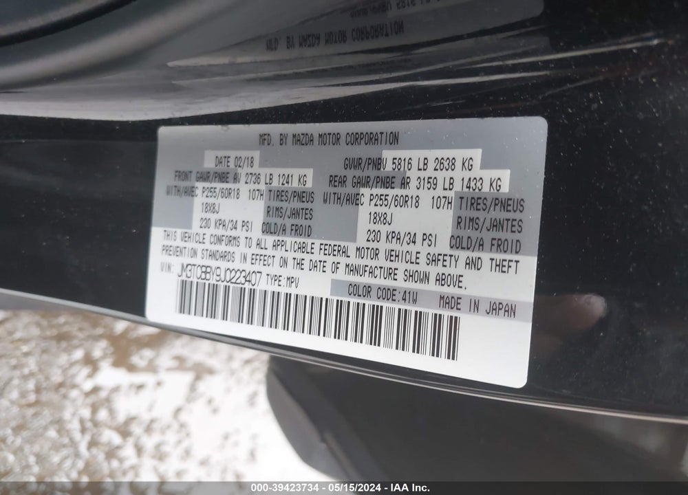 2018 MAZDA CX-9 SPORT VIN: JM3TCBBY9J0223407