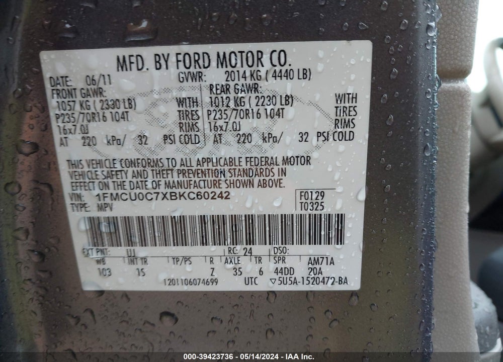 2011 FORD ESCAPE XLS VIN: 1FMCU0C7XBKC60242