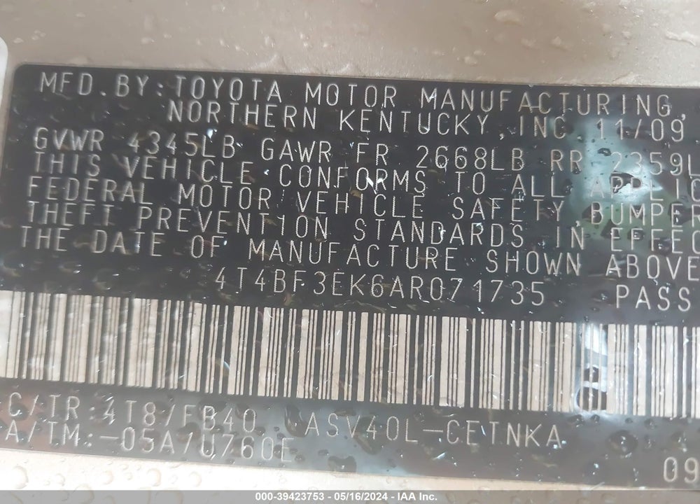2010 TOYOTA CAMRY LE VIN: 4T4BF3EK6AR071735