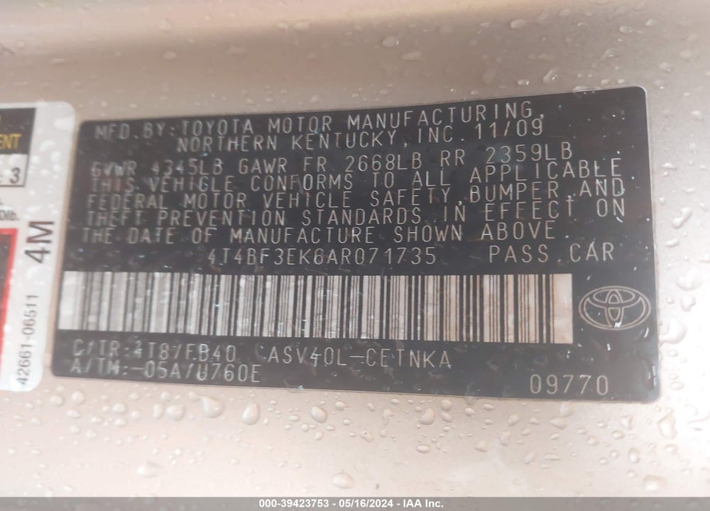 2010 TOYOTA CAMRY LE VIN: 4T4BF3EK6AR071735