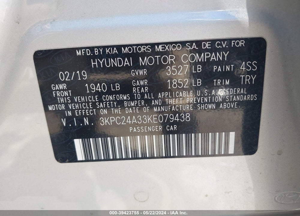 2019 HYUNDAI ACCENT SE VIN: 3KPC24A33KE079438