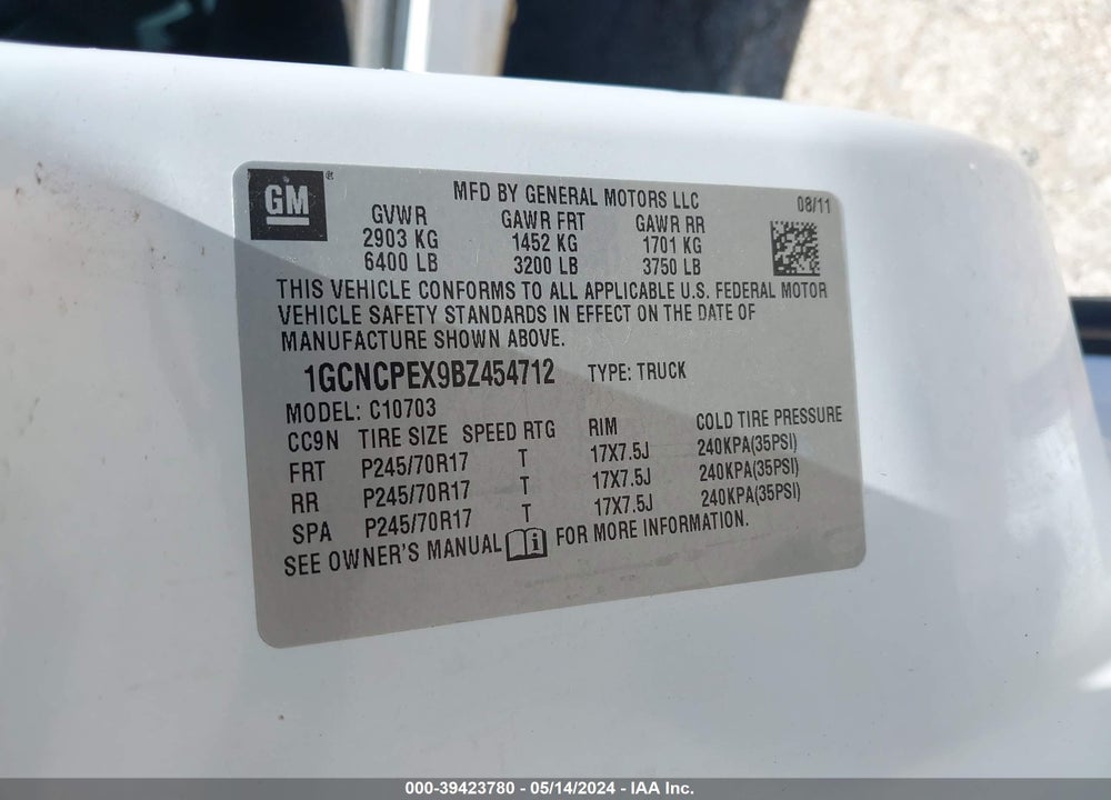 2011 CHEVROLET SILVERADO 1500 WORK TRUCK VIN: 1GCNCPEX9BZ454712