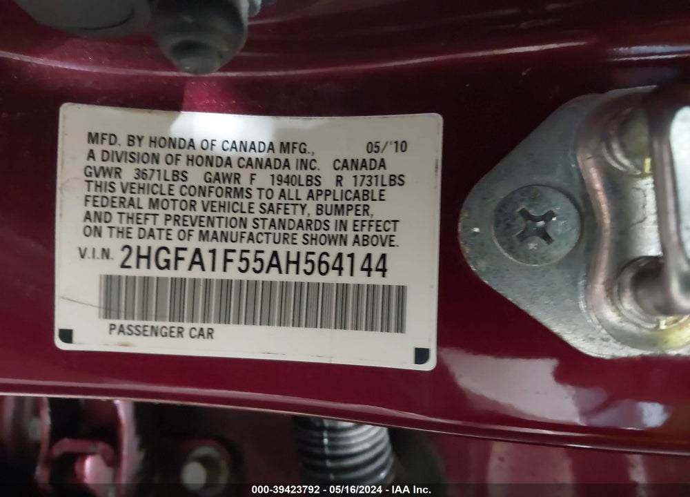 2010 HONDA CIVIC VIN: 2HGFA1F55AH564144