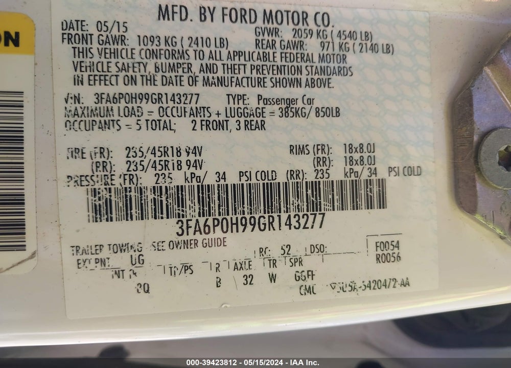 2016 FORD FUSION SE VIN: 3FA6P0H99GR143277