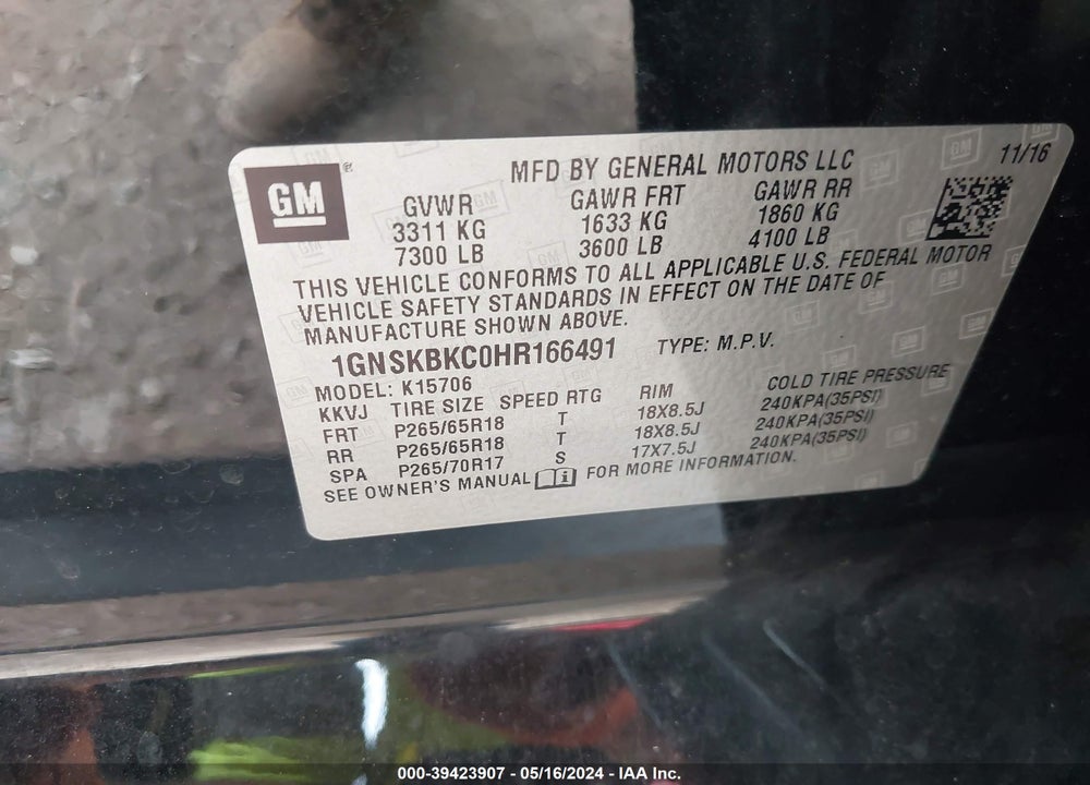 2017 CHEVROLET TAHOE LT VIN: 1GNSKBKC0HR166491