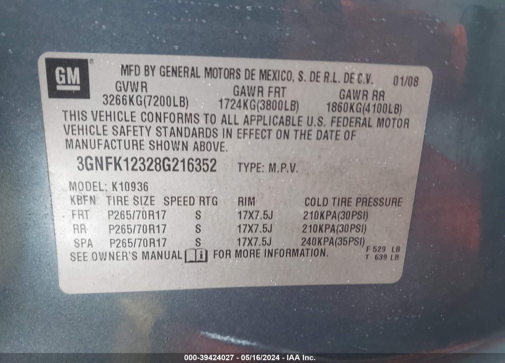2008 CHEVROLET AVALANCHE 1500 LT VIN: 3GNFK12328G216352