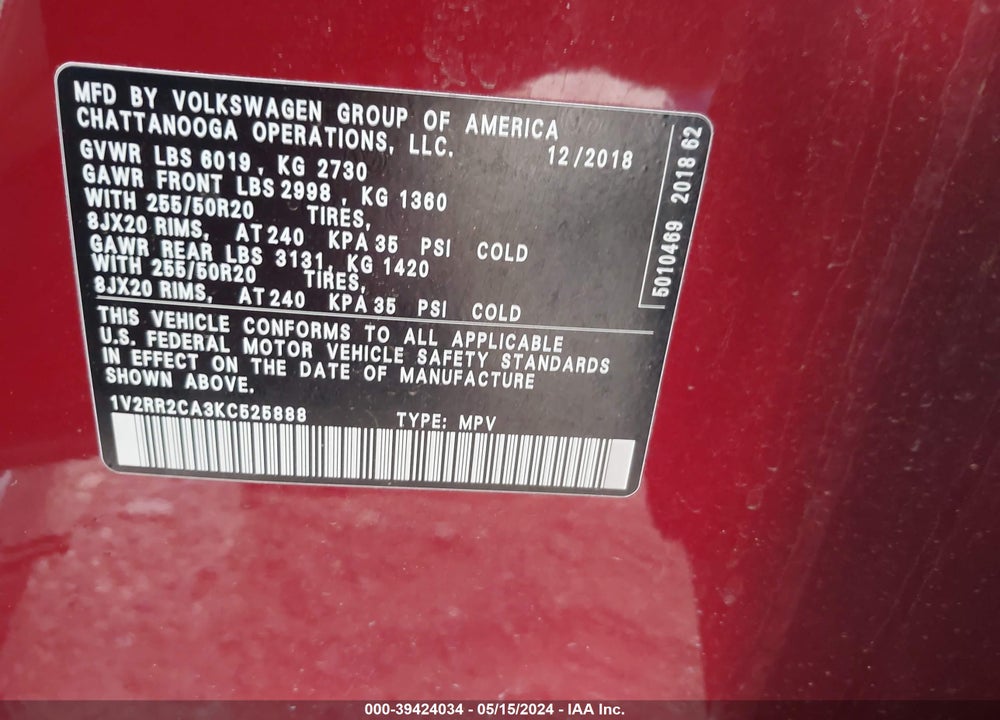 2019 VOLKSWAGEN ATLAS 3.6L V6 SEL R-LINE VIN: 1V2RR2CA3KC525888
