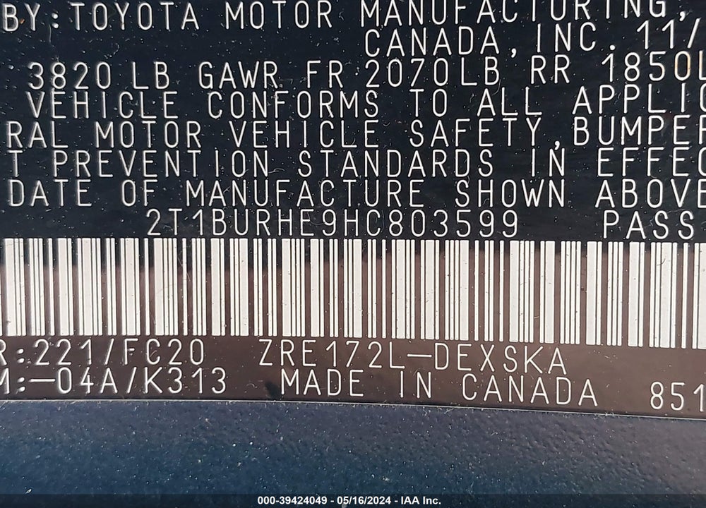 2017 TOYOTA COROLLA SE VIN: 2T1BURHE9HC803599