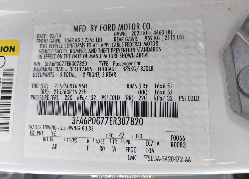 2014 FORD FUSION S VIN: 3FA6P0G77ER307820