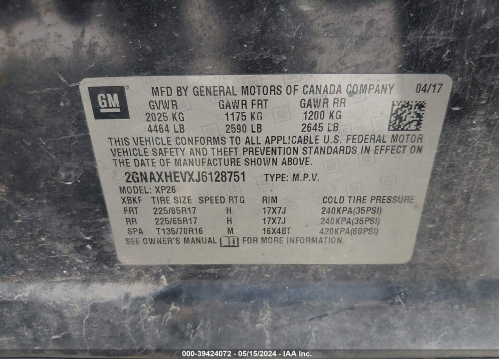 2018 CHEVROLET EQUINOX LS VIN: 2GNAXHEVXJ6128751