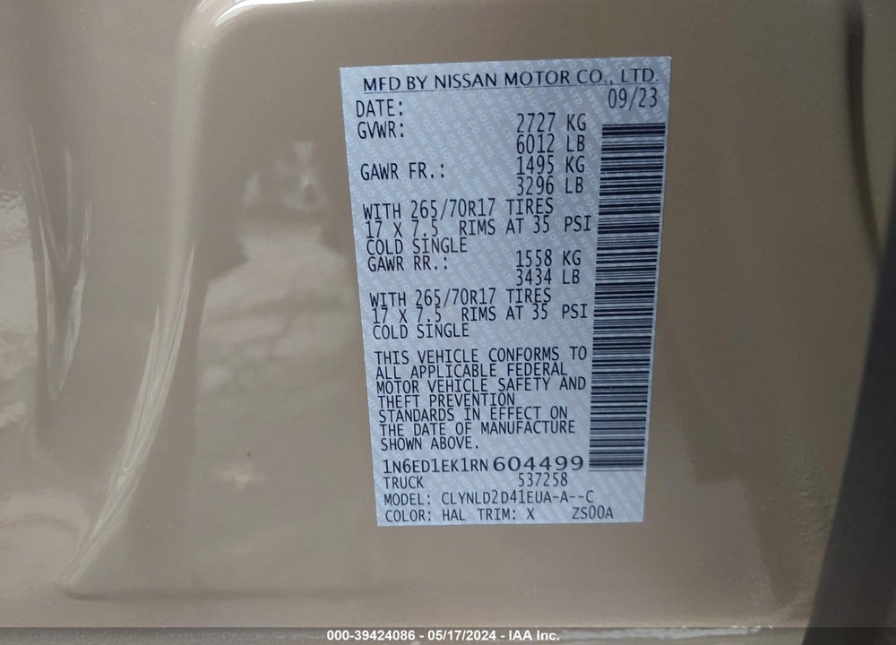 2024 NISSAN FRONTIER PRO-4X 4X4 VIN: 1N6ED1EK1RN604499