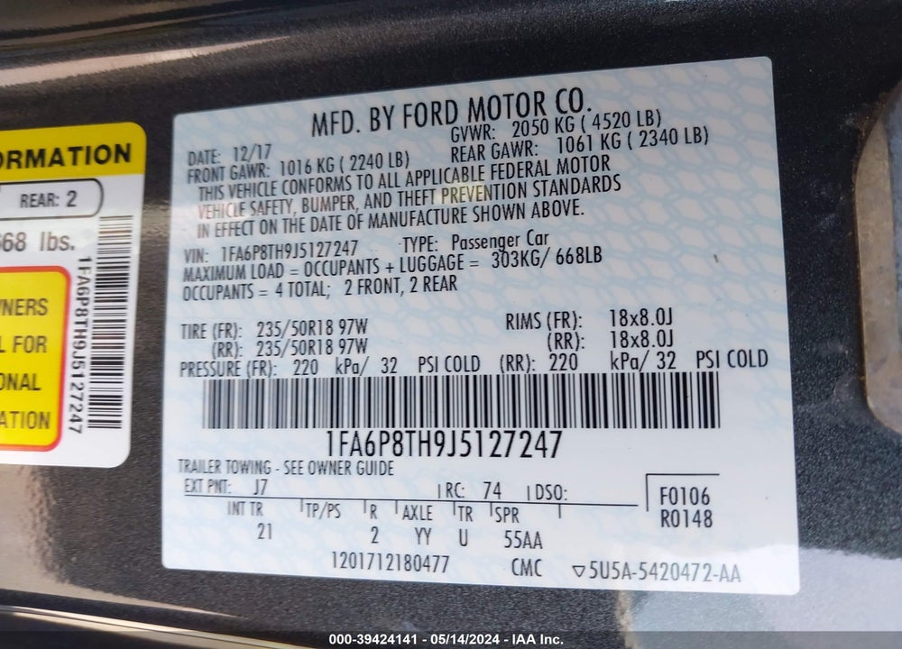 2018 FORD MUSTANG ECOBOOST VIN: 1FA6P8TH9J5127247