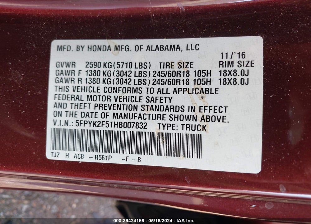2017 HONDA RIDGELINE RTL VIN: 5FPYK2F51HB007832