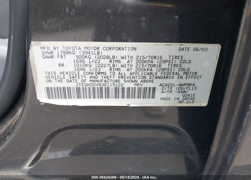 2003 TOYOTA RAV4 BASE (A4) VIN: JTEGH20V830115122
