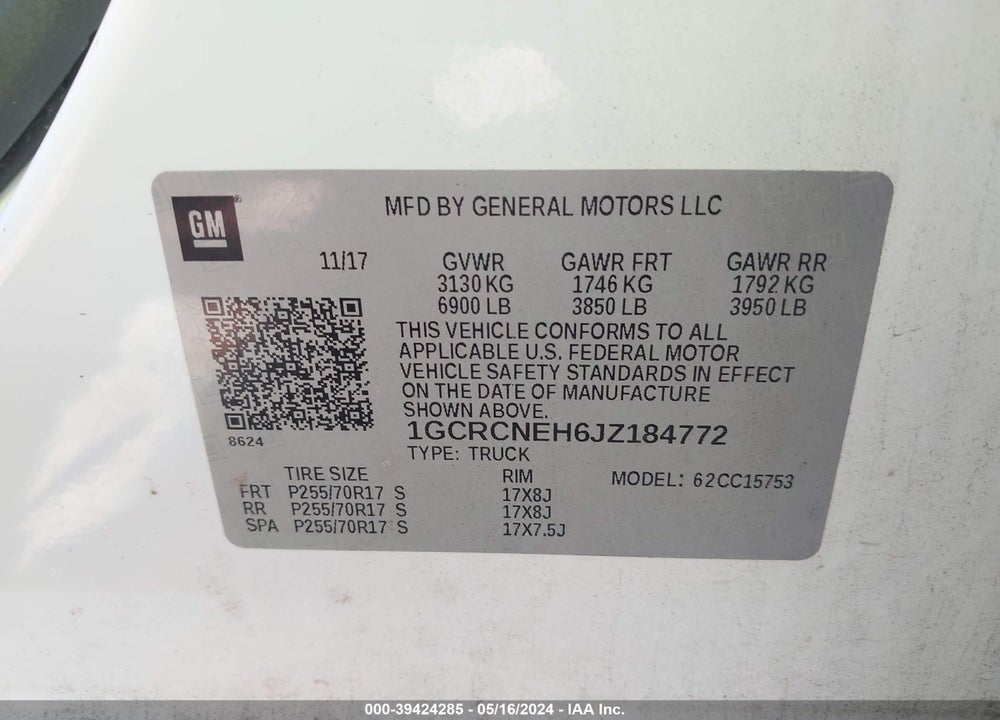 2018 CHEVROLET SILVERADO 1500 VIN: 1GCRCNEH6JZ184772